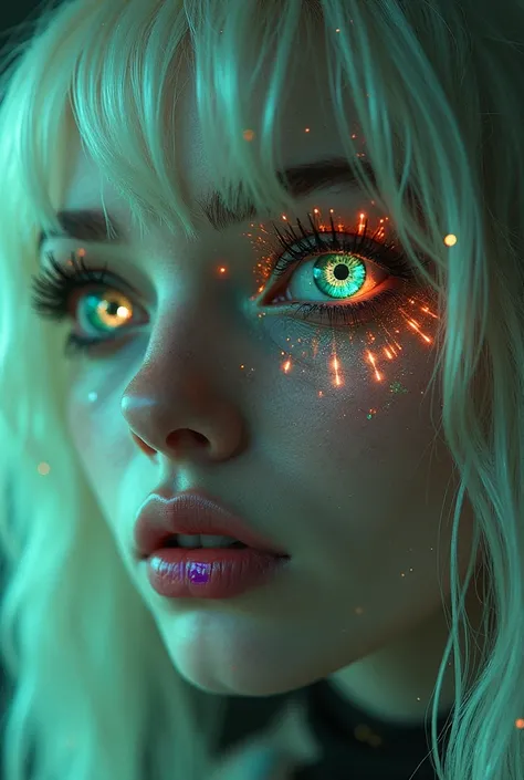 android, half robot, cyberpunk, (beautiful woman face) (The hair surrounding the eye is Super White, almost translucent, handcuffs, cuffed, chain, chained, psychopathic, insane, crazy, messy makeup, makeup fail, with fine strands and messy:1.1) (Heterochro...