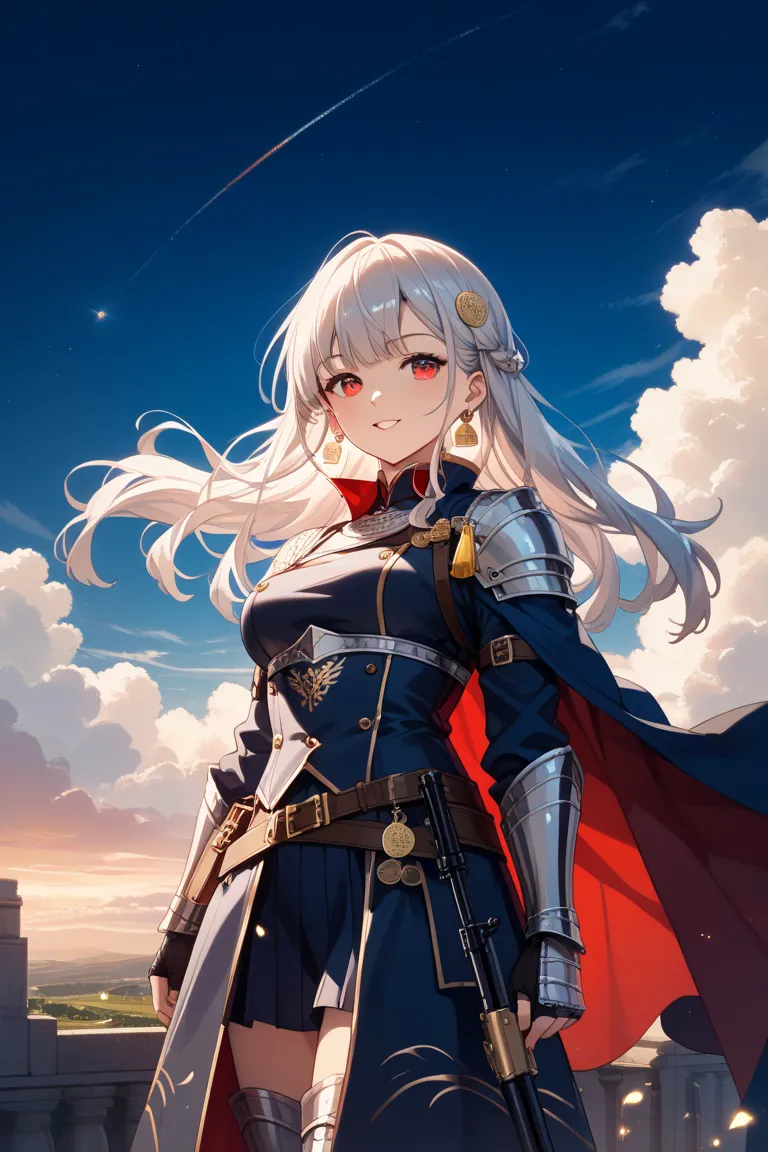  Silver Hair、Red Eye、anime style、 female knight、 kind eyes 、Long Hair、gun、Cape