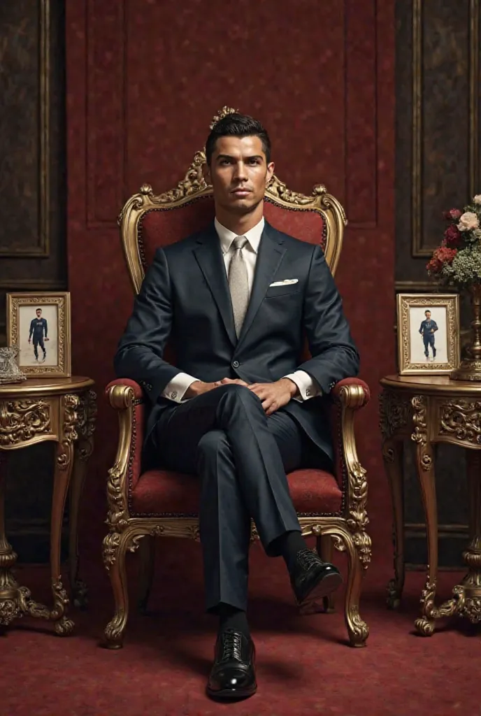 Cristiano Ronaldo is wearing a suit and sitting on a royal chair. There are four small tables next to him, two on the right and two on the left. Each table has a prominent picture