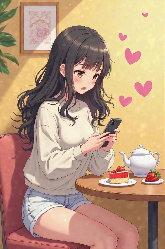 pretty anime girl with long wavy black hair, juvenile, in white seatshirt and shorts, she's sitting in a yellow and white korean cafe, there's a teapot and strawberry cake on the table, she's texting, there are heart emojis around her