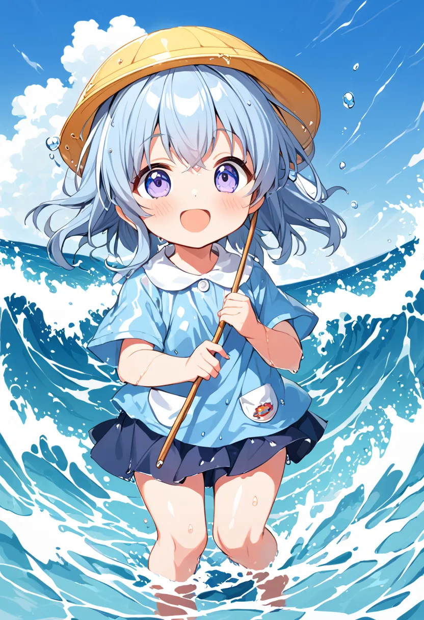 absurd, (５age), Kindergarten Mom Outfit, blue smock,   dark blue skirt  ,  cute, sea,  wave,   clear , wet,  Playing in the water,  vibrant, fun,    best smile,  wet服を着て , Water-wet Smock, wet,  wet skirt,  wet skirt, 