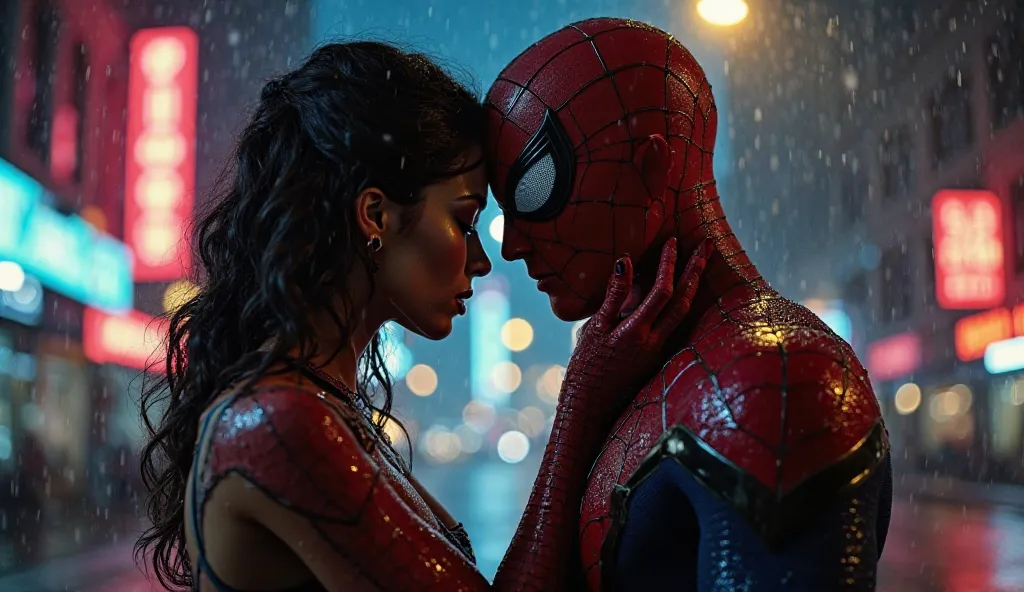 Spider-Man and MJ stand close together under a dimly lit streetlamp on a rainy night. The city streets are wet, reflecting the glow of neon signs. MJ looks into Peter’s eyes, her hand gently touching his mask. Raindrops drip from his torn suit as he listen...