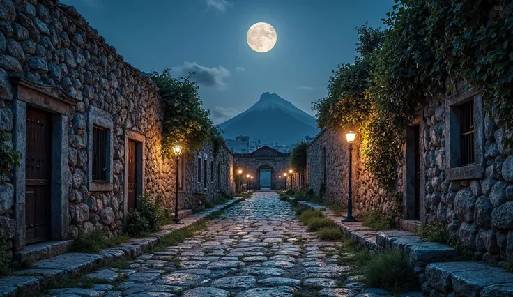 "A quiet, moonlit street in ancient Pompeii, with stone buildings glowing softly under the night sky. Vines creep up the walls, and the distant silhouette of Mount Vesuvius stands peacefully in the background."