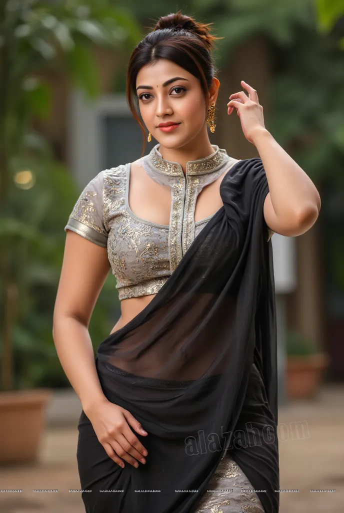 Create a picture of a indian actress Kajal aggarwal, wearing a beautiful silver sleeveless blouse and black transparent saree exposing her sexy voluptuous body with large natural breasts and wide waist, exposing sexy navel, walking ang giving erotic pose i...