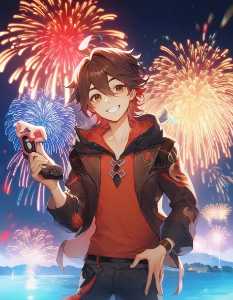 1 boy,One, male focus ,  smile,  pants ,hood, Chinese ,fireworks,gaming,brown hair,red hair,hair between eyes,ahoge, brown eyes,