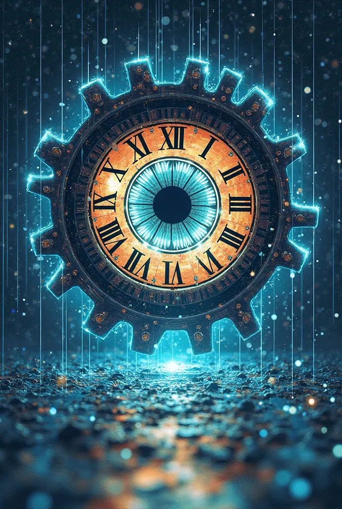 Magnetized fragments of time float in the center of the monsoon eye，and the background is a clock gear generated by folding in parallel time and space, rain，electrostatic field to wrap a light blue electric current wrapping clothesline，from a 45-degree per...