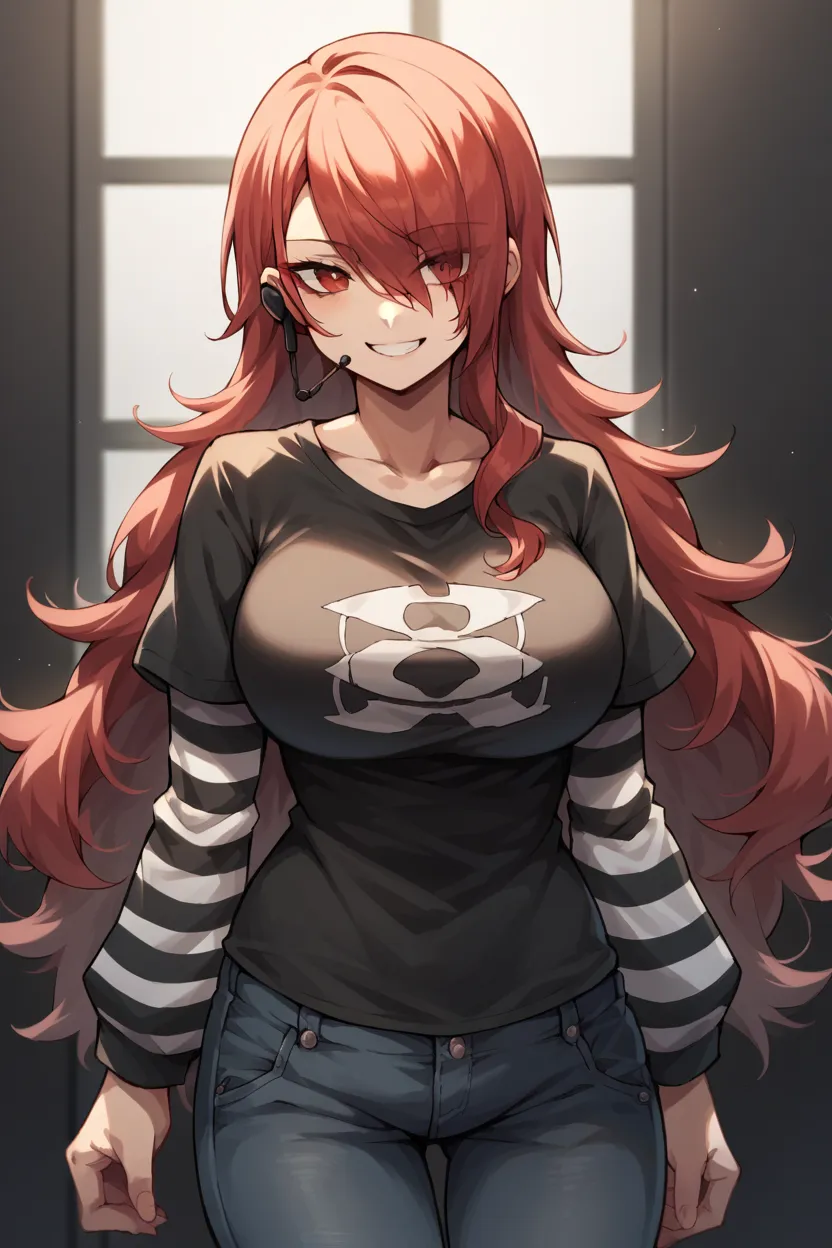 1 girl, solo, black short sleeve t-shirt, layered sleeves, white long sleeves, jeans, Kirijodef, red hair, red eyes, hair over one eye, long hair, black t-shirt over white long sleeves, large breasts, confident smile, striped sleeves, black and white strip...