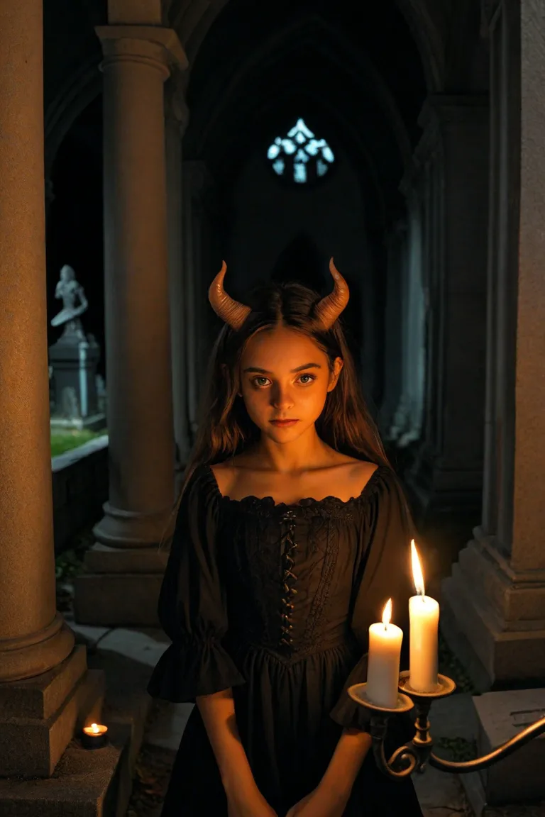 Create the ultra realistic image of a little red-skinned girl with two small horns sticking out of her forehead,Wear short clothes you are in a Gothic cemetery at night in a corridor where there are some candles burning