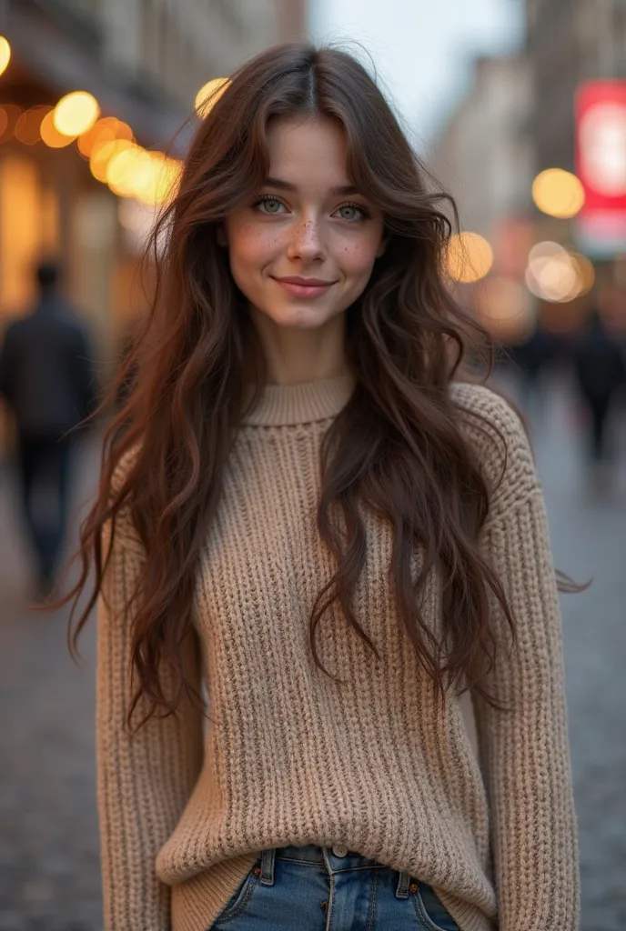 Creates a hyper-realistic image of a young girl in her 20s. She has long, wavy chocolate brown hair, bright green eyes and skin Clara with soft freckles on her nose. Her expression is friendly and confident, with a slight captivating smile. She is dressed ...