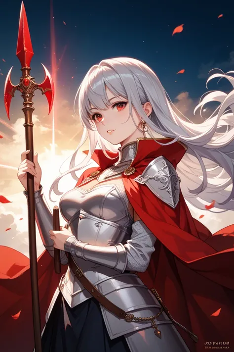  Silver Hair、 Red Eye、 anime style、 Female Knight、  kind eyes  、 long hair、A spear in hand、Cape