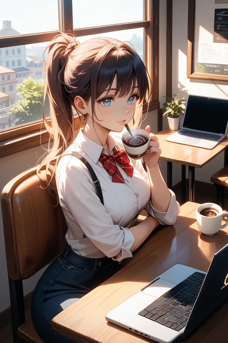 Write an illustration of just coffee and a computer on a desk in a cafe