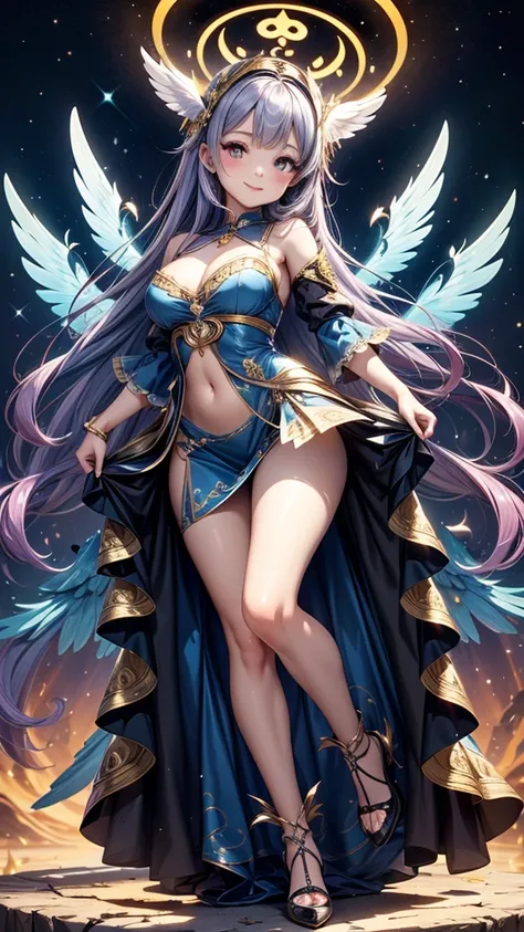 {{{unity 8k wallpaper}}} AI original, bird of prey, creating a fantastic scene of a  loli with oversized wings flapping. An innocent, smiling Nordic loli. She is dressed in a fine gold and blue pattern and beautifully harmonizes with her wings. The girl da...