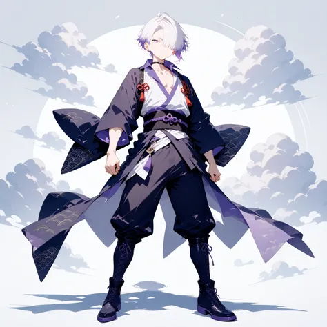 masterpiece, high score, great score, absurdres,
1boy, sranding,male focus, 20-yo, クモイエイテル, full body, toned,twink,white hair, side-parted, lilac highlights, hair over one eye,purple eyes, single purple earring/ (left ear/),BREAK avant-garde japanese cloth...