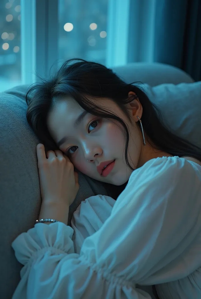 Highest quality: 1.2, masterpiece, 8K, Professional Lighting, Cinematic Lighting, RAW Photos, Ultra-realistic photos of a young Minahasan woman, 1 woman, reclining on a plush sofa, surrounded by subtle silver accents, bathed in soft magical light highlight...