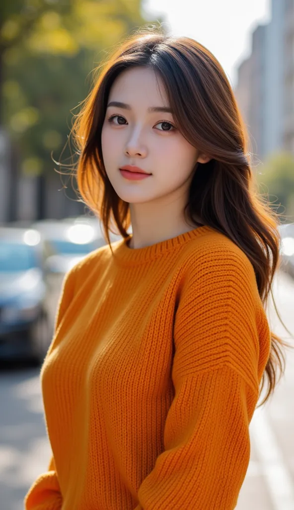  high definition pictures、  of an attractive young woman ,   beautiful eyes , early afternoon, Knitted orange,jeans style 、   Face Details  ,   In a forward-leaning position,  high quality full body photo  , , He is standing , smiling and looking at the ca...