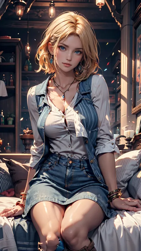 (cowboy shot: 1.2), (android for service_18, AND18( Dragon Ball Z ), (Beautiful, Detailed Eyes and Exquisite Faces), (Face through thighs : 1.4), (Knee shot: 1.2), blond hair, Alone,  lady, ( background), :), Dynamic Angle,  blue eyes, Thin face, sunlight,...