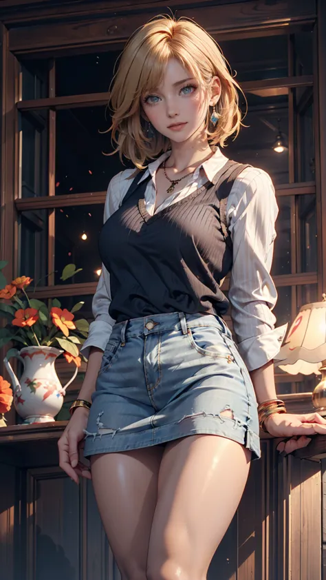 (cowboy shot: 1.2), (android for service_18, AND18( Dragon Ball Z ), (Beautiful, Detailed Eyes and Exquisite Faces), (Face through thighs : 1.4), (Knee shot: 1.2), blond hair, Alone,  lady, ( background), :), Dynamic Angle,  blue eyes, Thin face, sunlight,...