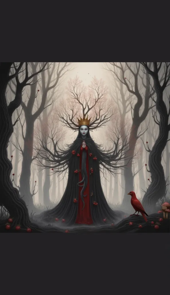 {A hauntingly beautiful, dark fairytale illustration featuring a twisted forest of pale, skeletal trees with sparse crimson leaves. A golden crown rests precariously on the highest branches, glinting with an eerie glow. Below, a sinuous black serpent winds...