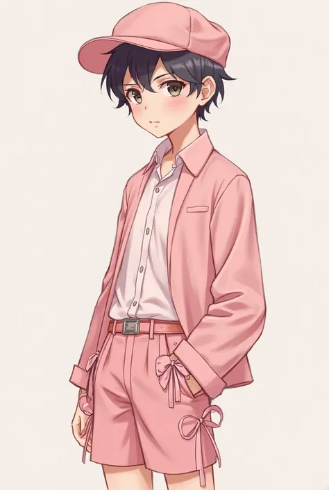 Cute guy wearing pink long sleeves with ribbon on both sides, pink shorts, pink shoes and pink cap. Different shades of pink but still works together