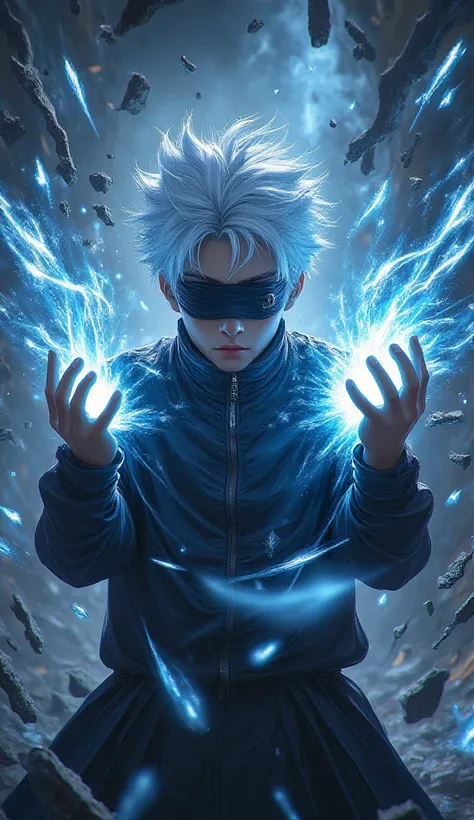 **"A cinematic illustration of Satoru Gojo from *Jujutsu Kaisen*, showcasing his immense power in an intense battle scene. Gojo stands at the center of the composition, his iconic black blindfold covering his piercing eyes, propping up his spiky white hair...