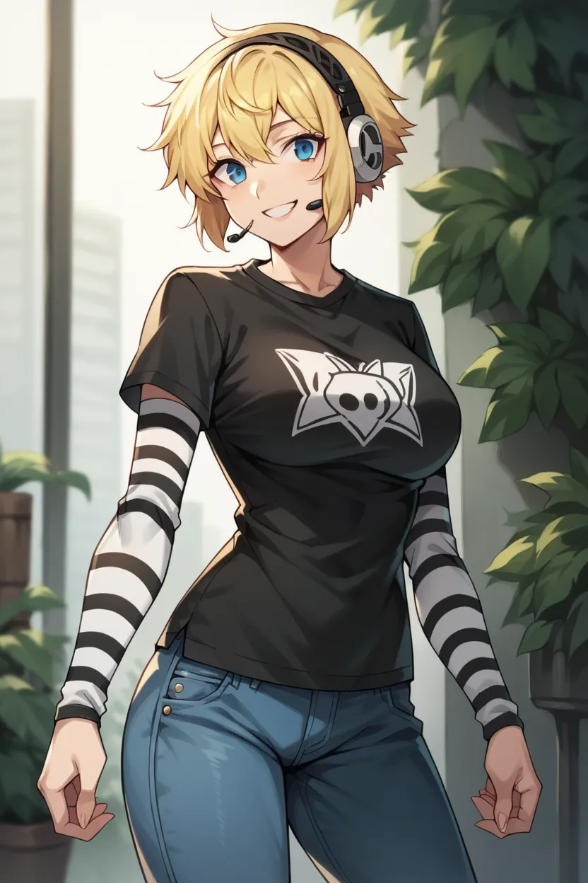 1 girl, solo, black short sleeve t-shirt, layered sleeves, white long sleeves, jeans, Aigis, blonde hair, blue eyes, black t-shirt over white long sleeves, large breasts, confident smile, striped sleeves, black short sleeve over long sleeve, black and whit...