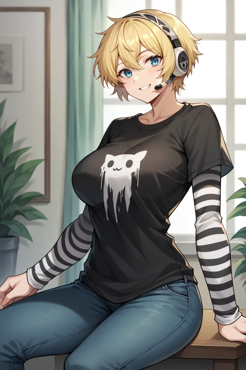 1 girl, solo, black short sleeve t-shirt, layered sleeves, white long sleeves, jeans, Aigis, blonde hair, blue eyes, black t-shirt over white long sleeves, large breasts, confident smile, striped sleeves, black short sleeve over long sleeve, black and whit...