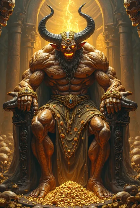 A towering demonic figure with a muscular build, his skin gleaming like molten gold, radiating an aura of greed and corruption. His piercing gemstone-like eyes glow with an insatiable hunger for wealth, fixated on the riches of the world. His massive hands...