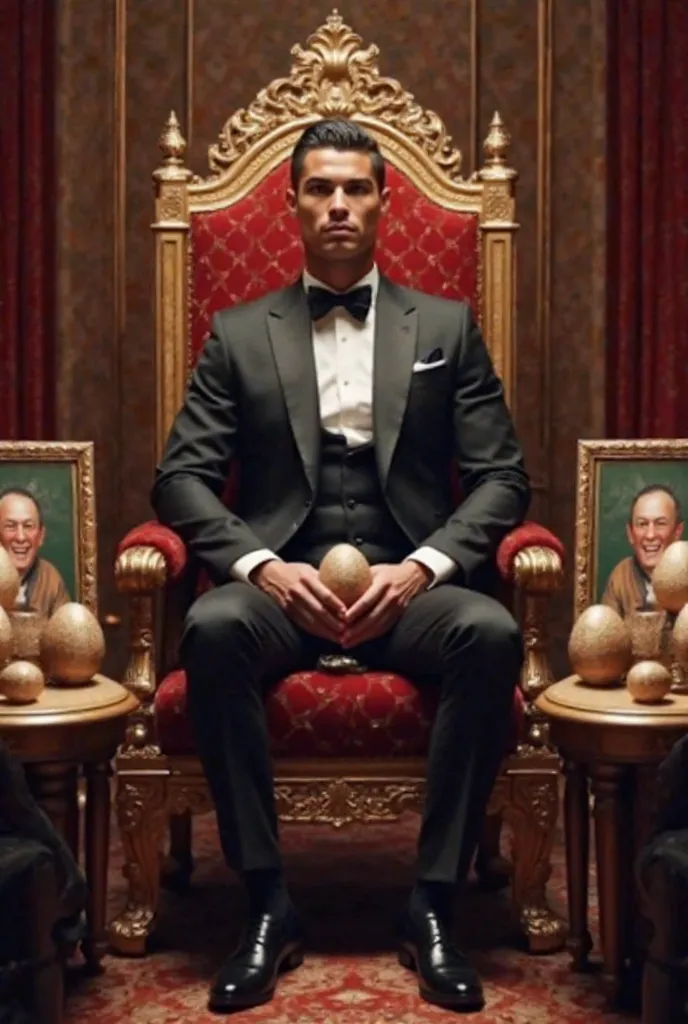 Cristiano Ronaldo is wearing a suit and sitting on a royal chair. There are four small tables next to him, two on the right and two on the left. Each table has a picture of Mabrouz holding a royal egg in his hands 