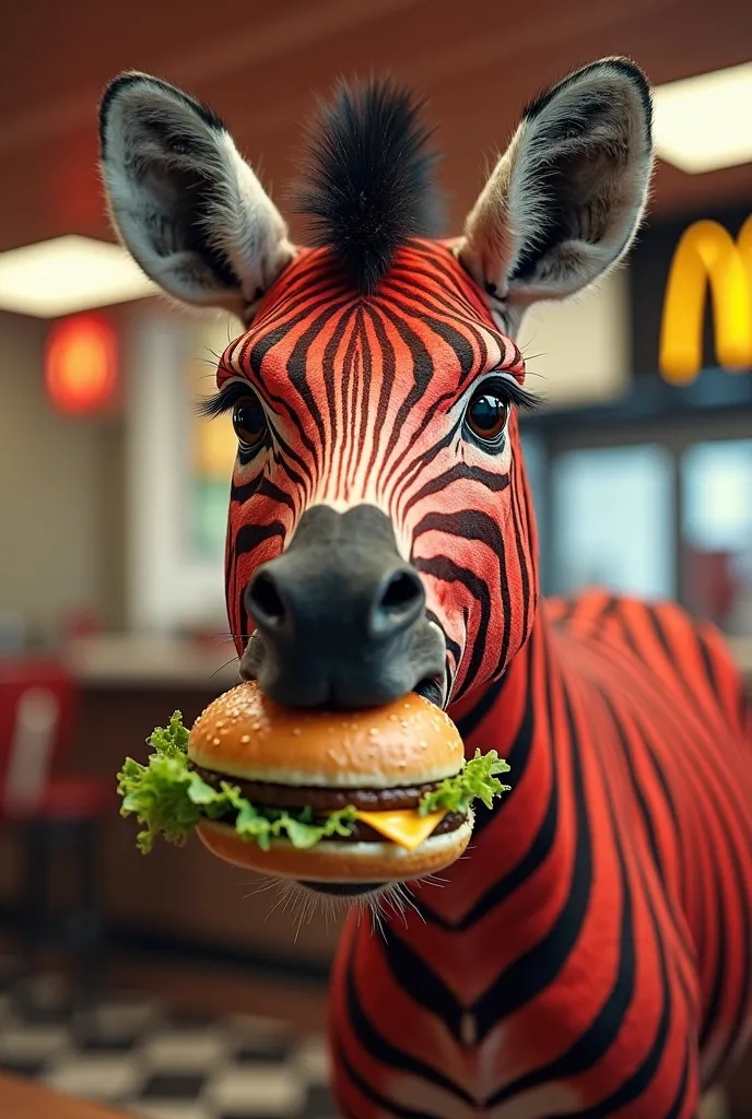 A red zebra eating a burger at McDonald's 