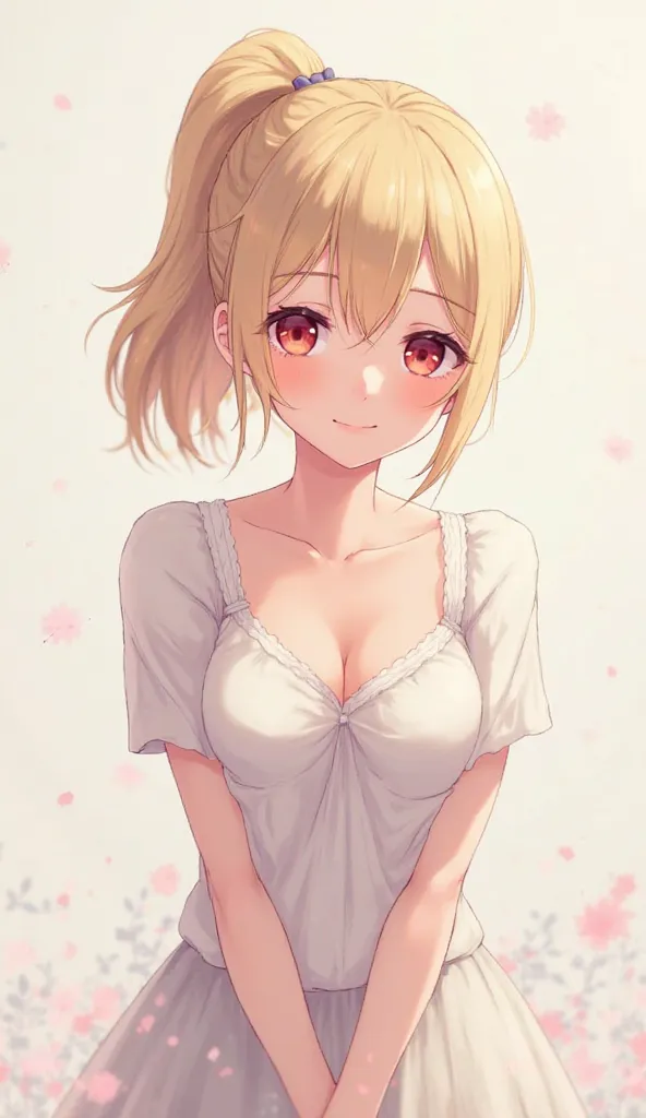 1girl, Solo, Looking at viewer, Short Hair, Blonde Hair, Simple background, Closed Mouth, Ponytail, Red Eyes, High Quality, High Resolution, HD, Detail, Perfect Breasts, Happy, Half-Closed Eye, Anime, Anime Style, Artistic, Digital Art, Soft Lighting, 