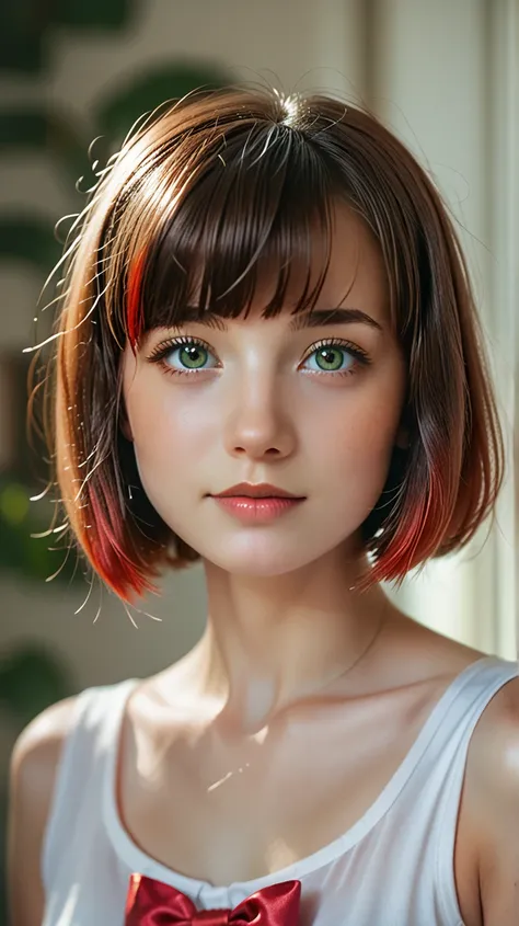 Alone, simple background, hair bow, 赤い大きなhair bow,(((  Hair:1.5))), straight hair that shrinks pupils、short bob、Cute Hairstyle、bangs、very cute woman, 