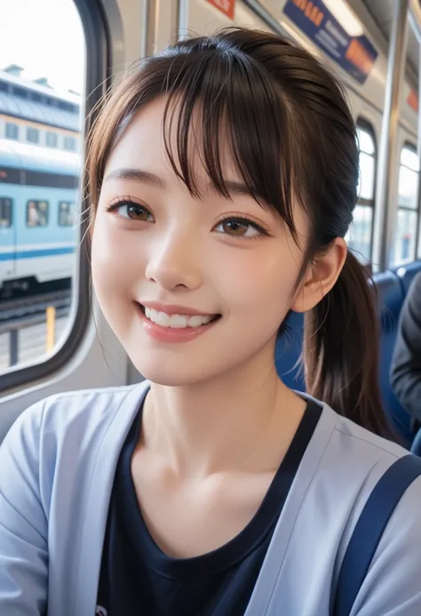 Japanese female, shown alone, hair in ponytail, nsfw, MANGURIGAESHI, expression orgasmic, smiling, background by window in train, realistic image quality, best quality 32K image quality