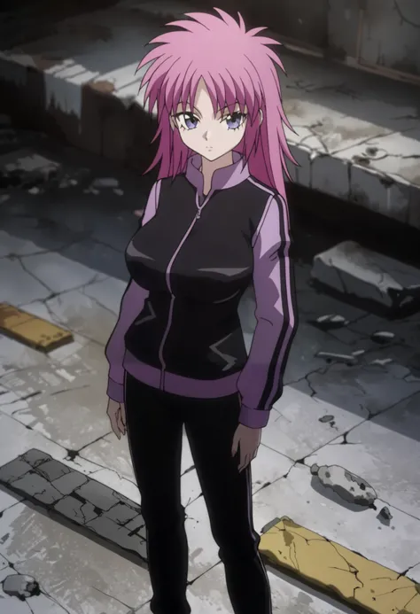 score_9, score_8_up, score_7_up, source_anime, source_anime, detailed background, anime screencap, uncensored, indoors, abandoned buildings, concrete walls, concrete floor, suburb, Pink hair, purple hair, blue eyes, Long hair, vest, track jacket,pants, loo...