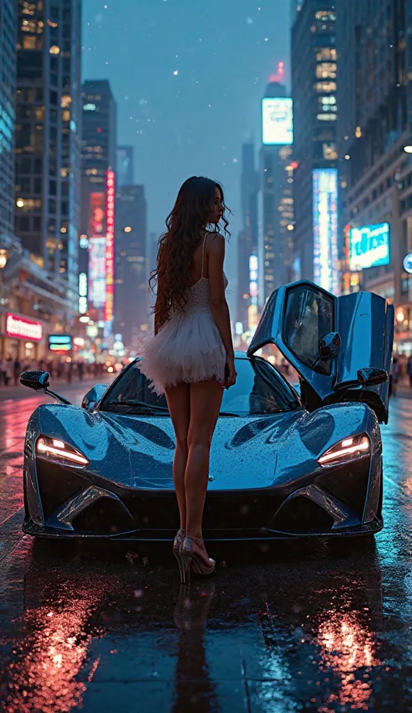 The futuristic hypercar stops abruptly at a luxurious skyscraper, his doors open up, emphasizing the exclusivity of the. The girl gets out of the car effectively, her short dress flutters elegantly. The camera shoots her from the bottom up,  emphasizing th...