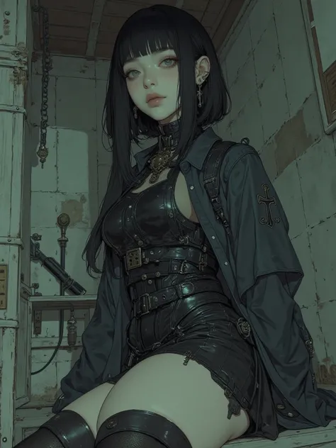  (   black hair with short hair   :1.8),Japanese woman in a wrinkled dress,   Anime Girl, 現実の  Anime Girl, Bopp Illustration、In an abandoned castle、、At Luana Pro in Black Lagoon、
(wrinkled kimono jacket:1.8),
Big Breasts、 thighs are thick、turn her butt in ...