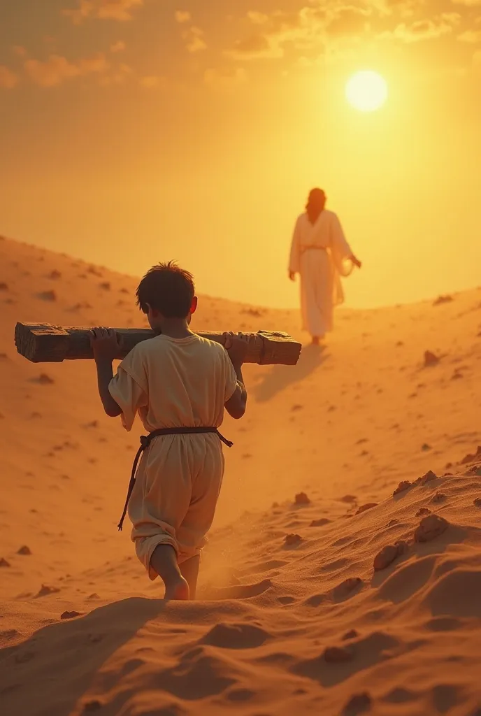 "A small, weary boy, drenched in sweat and exhaustion, is carrying a large wooden cross through a vast, barren desert. The scorching sun beats down on him, casting long shadows on the sand. His small figure is silhouetted against the orange and yellow hues...