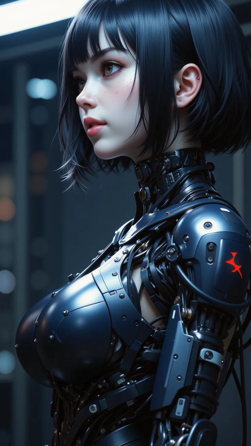 in the style of ck-ncr, in the style of ckcc, female sci-fi android warrior, straight-cut bob, detailed white ceramic robot face, dark eyeshadow, red lips, robot joints and cables, dark blue reflective armour, dark background, bokeh, side view, restrained ...