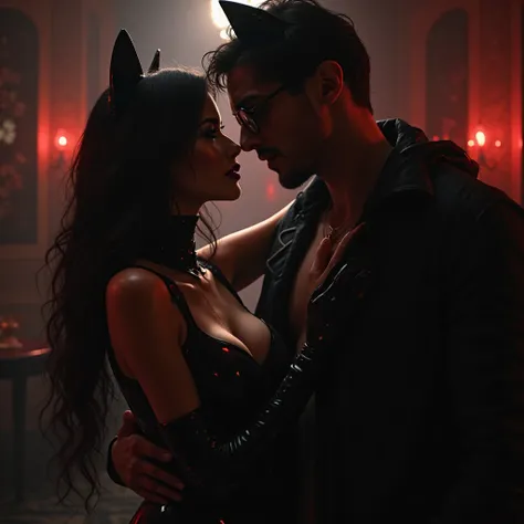 Sexy femme fatale in a latex cat costume with a man who has yours in a romantic atmosphere 