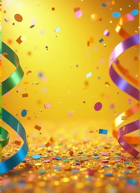 A festive Carnival background with vibrant, design decorated with colored confetti in shades of green, blue, pink and gold. Shiny three-dimensional streamers in the colors green, orange, roxo e blue espalhadas pelo design. Small golden particles add a touc...