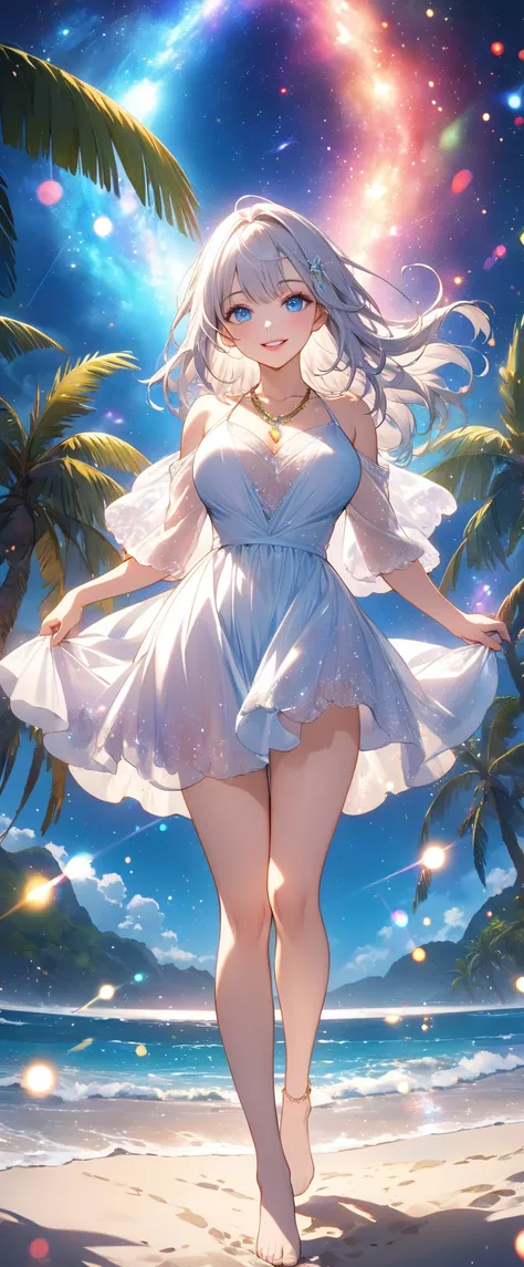 (masterpiece、Highest quality、8k、High resolution)、Best Style、(The most beautiful girl in anime)、(Clear skin、Clean blue eyes、Beautiful lips、Beautiful nose)、smile、Beautiful white upper teeth、silver Hair、Ample breasts、Walking on the beach、Palm tree、Beautiful s...