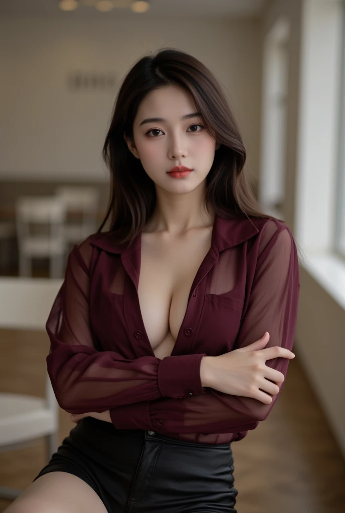 Young woman, likely in her late s or early twenties, East Asian ethnicity.  She is posing in a contemporary fashion setting,  exuding a confident and alluring mood.  She wears a deep burgundy, sheer, button-down shirt, open at the front, revealing a portio...