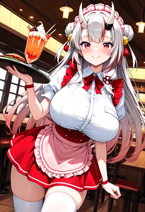 (Highest quality , 8k , masterpiece , incredibly absurdres , perfect body , super detailed skin , highly detailed eyes and face , 1 woman ) ,  nakiri ayame , Silver Hair , red eyes , demon horn , smile ,  will be happy , (  Waitress Costume ,  restaurant  ...