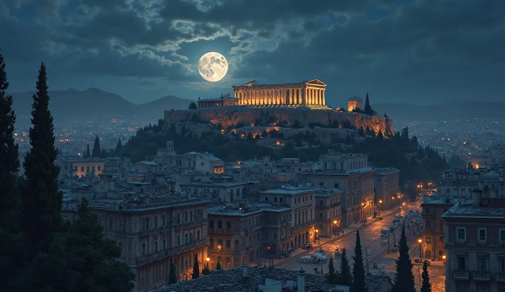 "A quiet night in Athens, with the Parthenon standing tall under the moonlight. The city rests peacefully, its ancient streets whispering stories of the past."