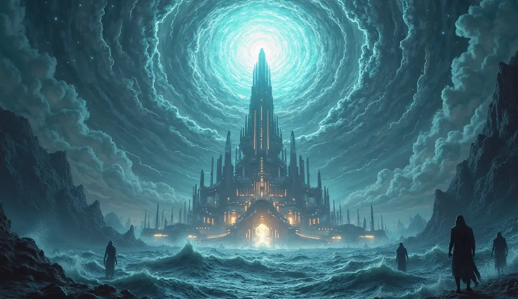 "A mysterious, otherworldly scene depicting the sudden disappearance of Atlantis. A grand, futuristic city with towering crystalline structures and glowing energy conduits is enveloped by a swirling vortex of light and cosmic energy. The sky crackles with ...