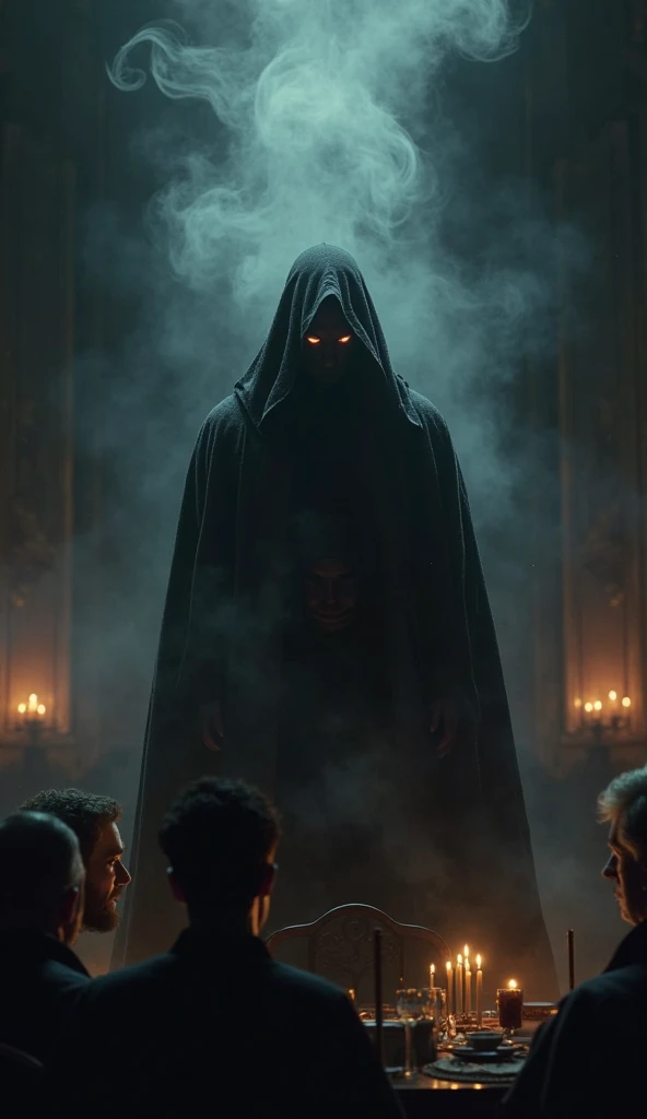 A mysterious figure standing behind a veil of smoke, watching a secret political meeting unfold. The lighting is dramatic, with deep shadows enhancing the feeling of intrigue and power from the shadows."