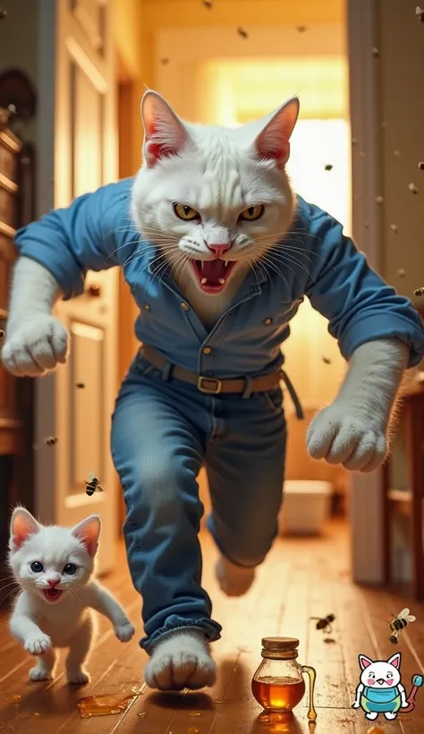 "A muscular anthropomorphic white cat in a tight blue button-up shirt and jeans, with an intense, angry expression, chasing a small white kitten wearing a diaper. The muscular cat has sharp feline eyes and a roaring mouth, while holding the kitten by the s...