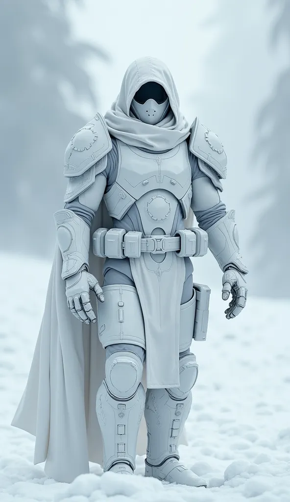 Warrior man wearing a white balaclava with a white visor, wearing white combat armor with a long, white cape camouflaged in an icy environment 