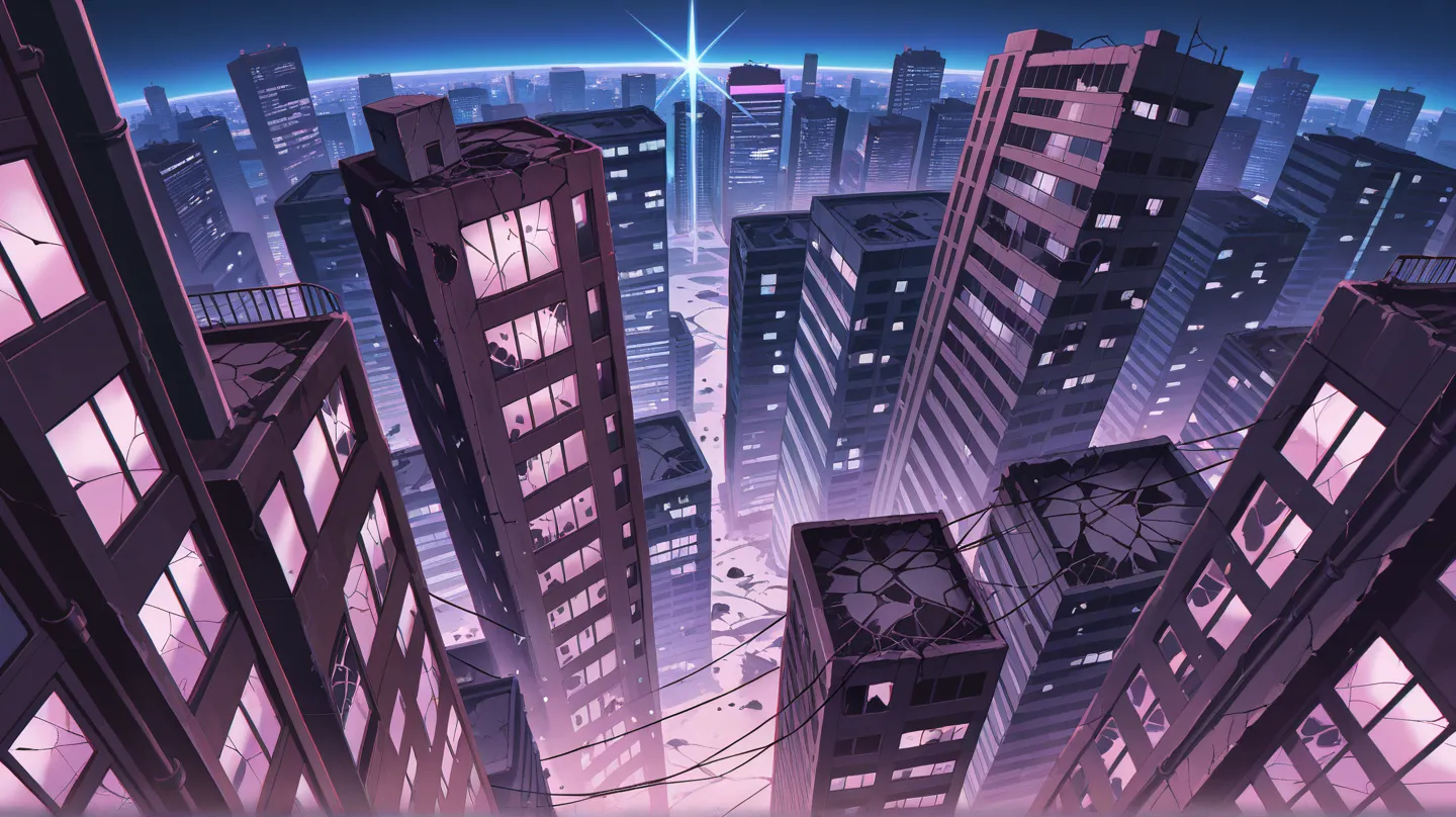 masterpiece
best quality
amazing quality
realistic
hyper-detailed
anime screencap. 8k,A panoramic aerial view of a ruined synthwave city. Skyscrapers, each uniquely designed, stand shattered and crumbling. Cracked roads weave through debris, scattered with...