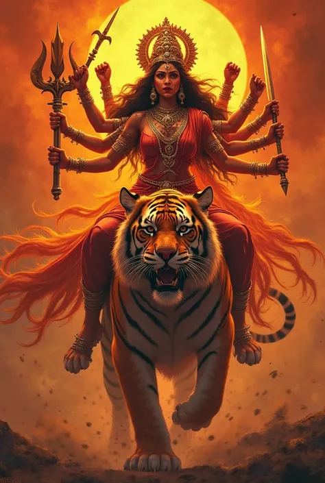 Maa durga fierce form in her tiger with a reddish orange background 