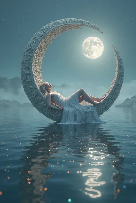 Want a picture of a beautiful princess of the moon and lying on a sundial floating above the sea water that reflects the princess in a beautiful night.